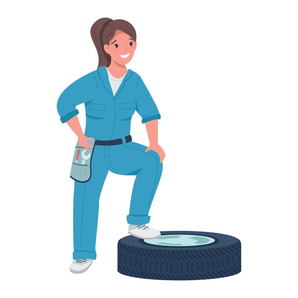 Female auto mechanic semi flat color vector character