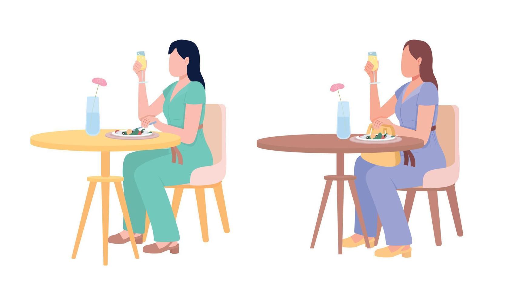 señoras bonitas disfrutando de vino blanco y ensalada conjunto de caracteres vectoriales de color semiplano vector