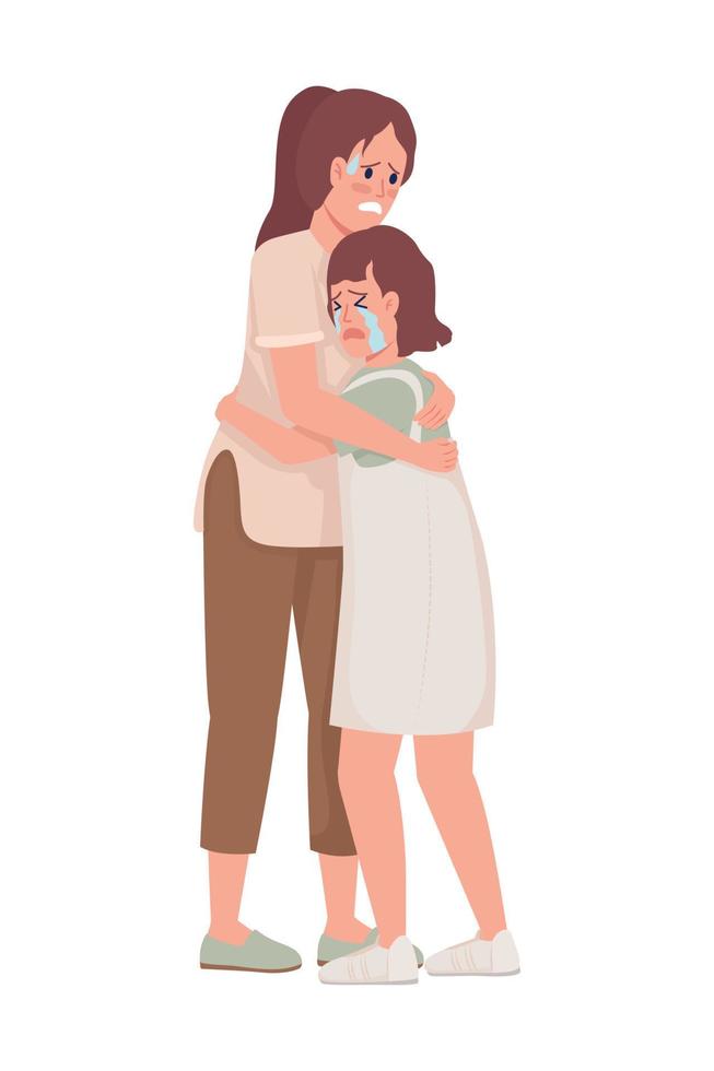 Scared mom and daughter semi flat color vector characters