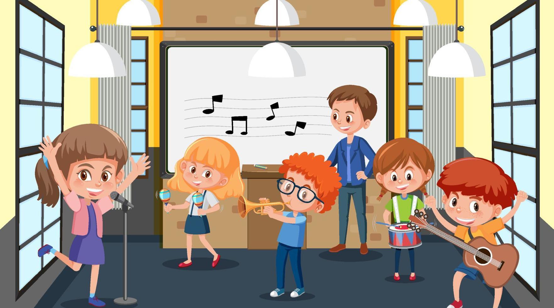 aula de música escolar con niños estudiantes vector