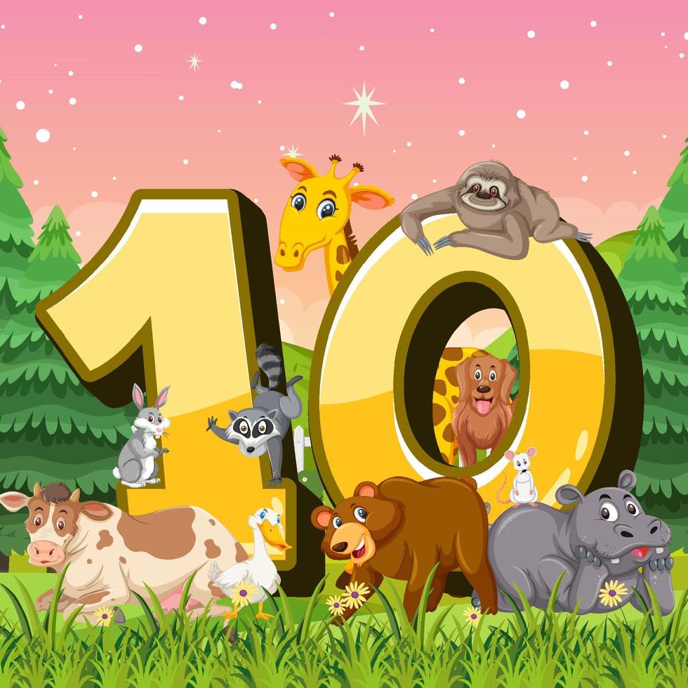 Different ten animals attached to number ten vector