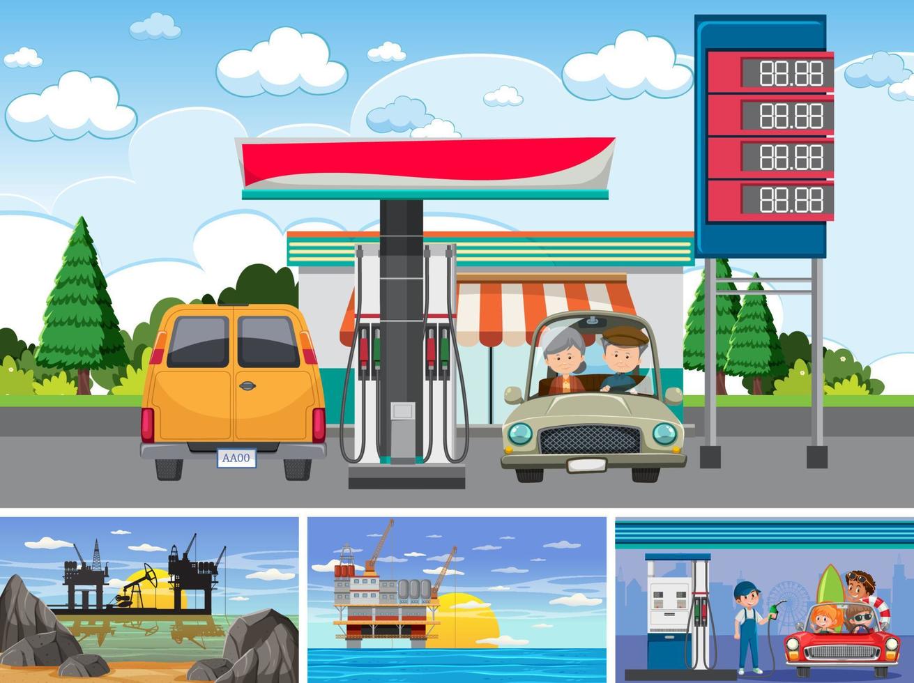 conjunto de escenas relevantes de petróleo, gasolina y gas vector