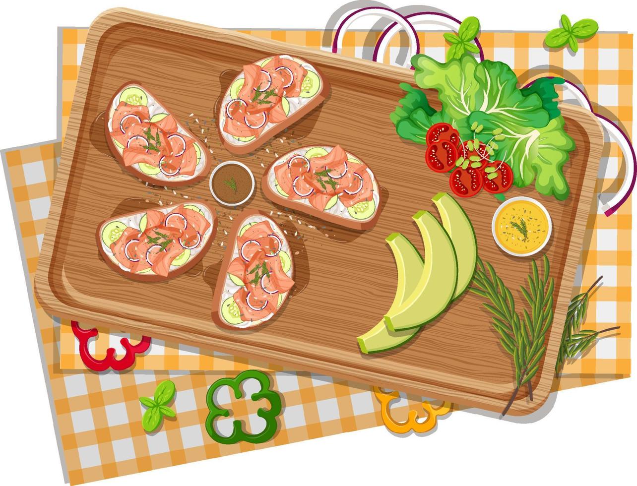 Top view of bruschetta on a wooden tray vector