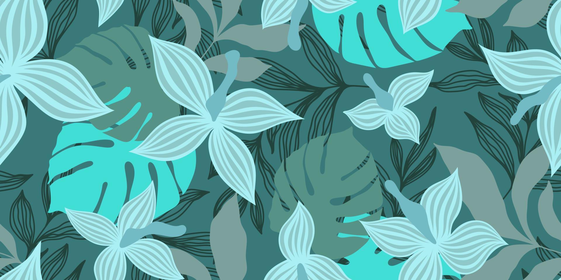 banner vectorial turquesa transparente con flores de menta y coloridas hojas tropicales vector