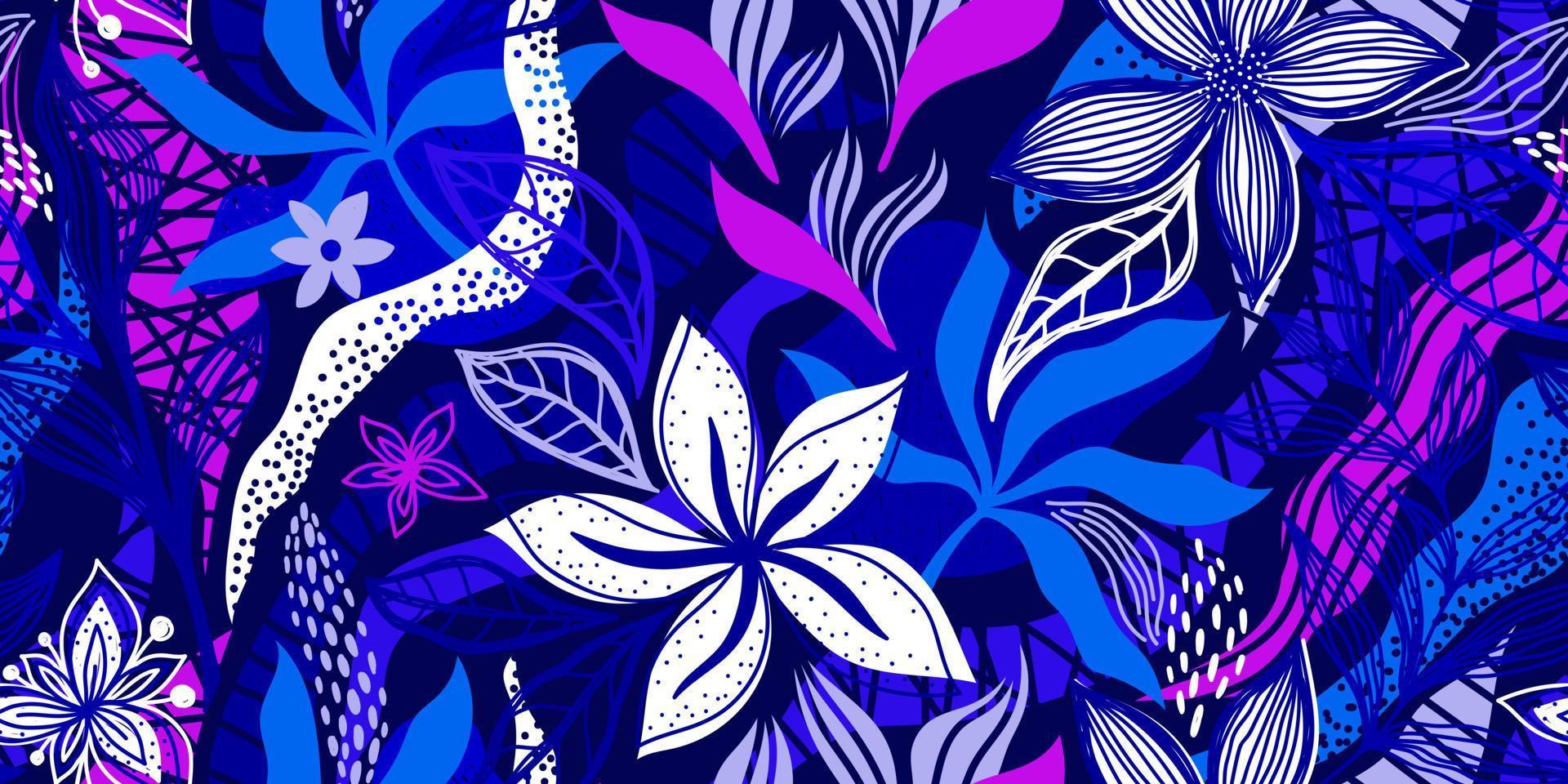 Banner azul oscuro transparente de vector con flores blancas y coloridas hojas tropicales