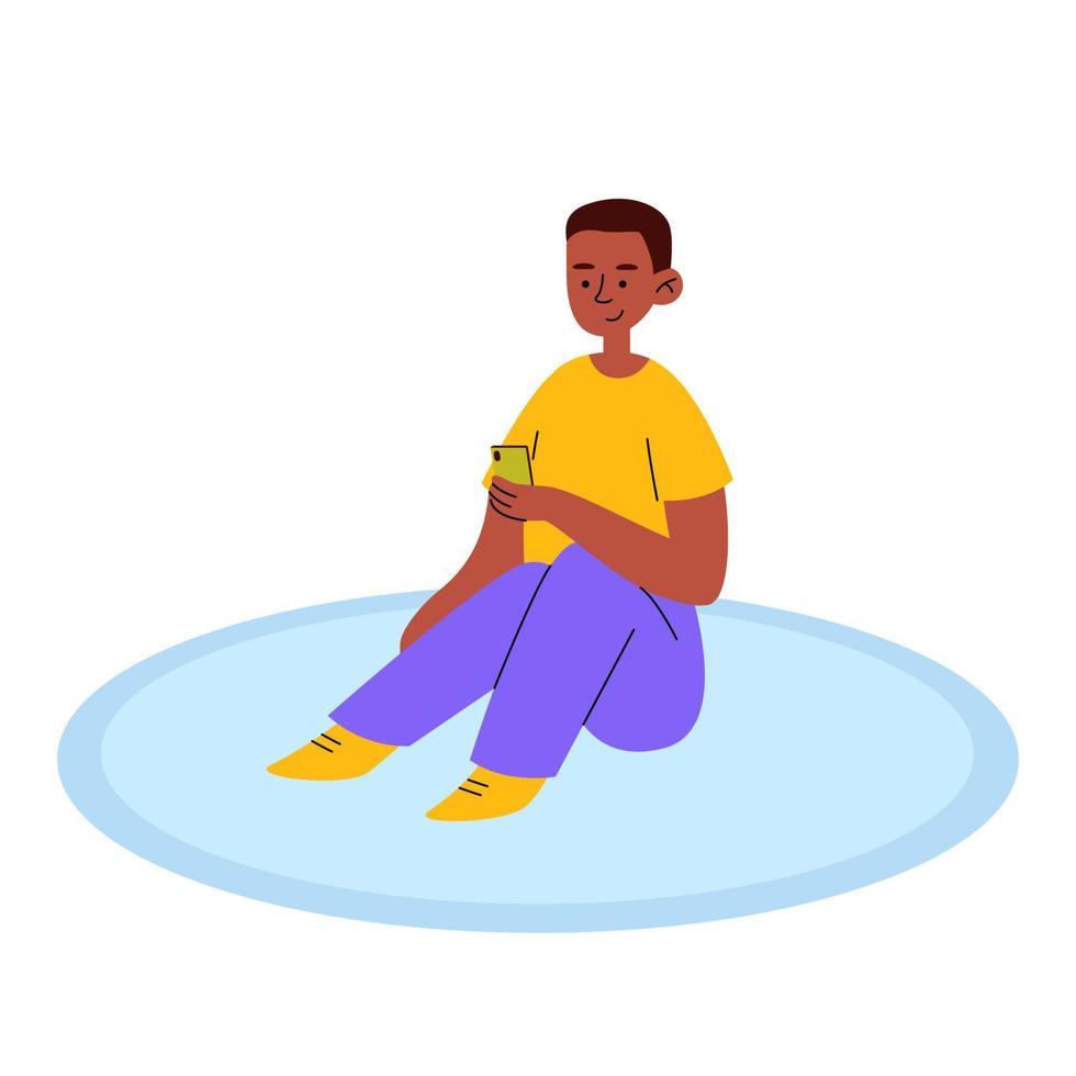 A black boy is playing on the phone. The concept of diversity. Addiction to the phone. Vector flat illustration.