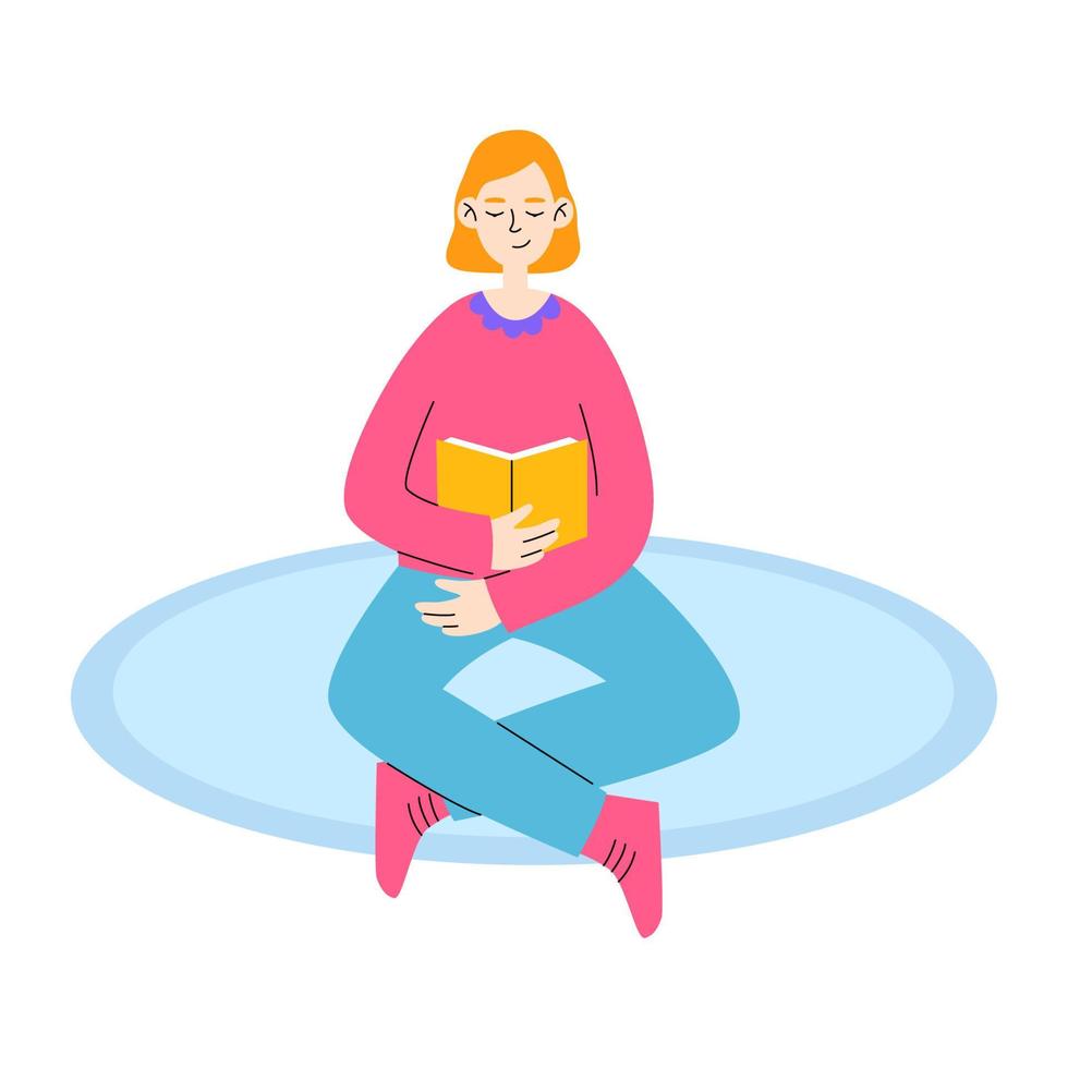 A young girl is reading a book sitting on the carpet. The concept of the love of reading. Vector flat illustration.