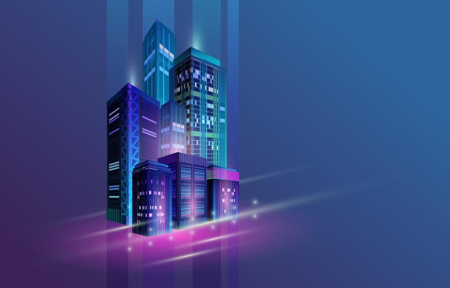 Night City Panorama with Neon Glow on Dark Background. Vector. vector