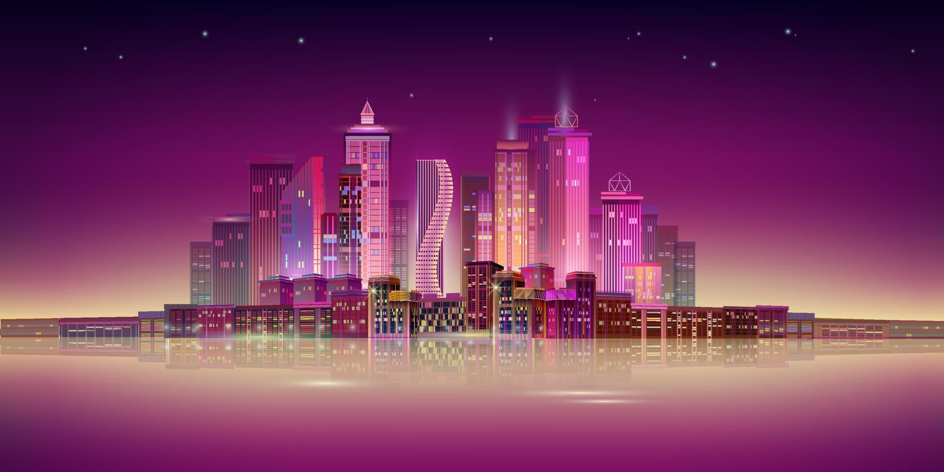 Night City Panorama with Neon Glow on Dark Background. Vector. vector