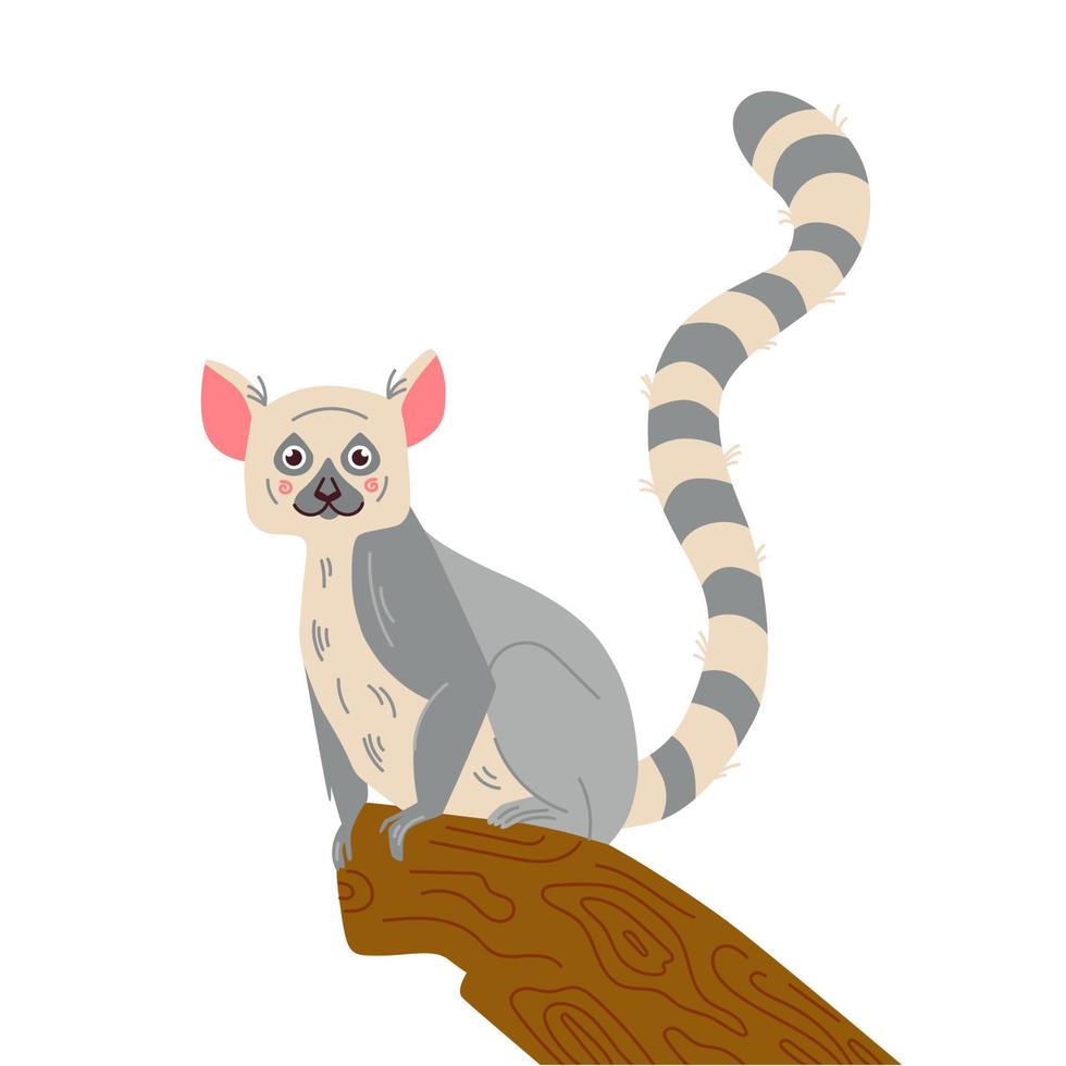 Cute lemur vector illustration, isolated on white background. Animal cartoon style for kids design
