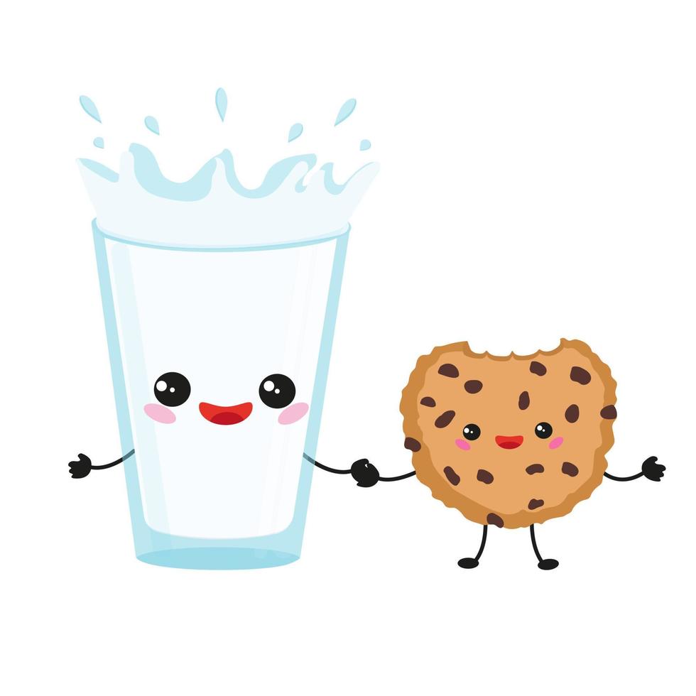 Cute Cheerful glass of milk and  cookies. Vector cartoon illustration