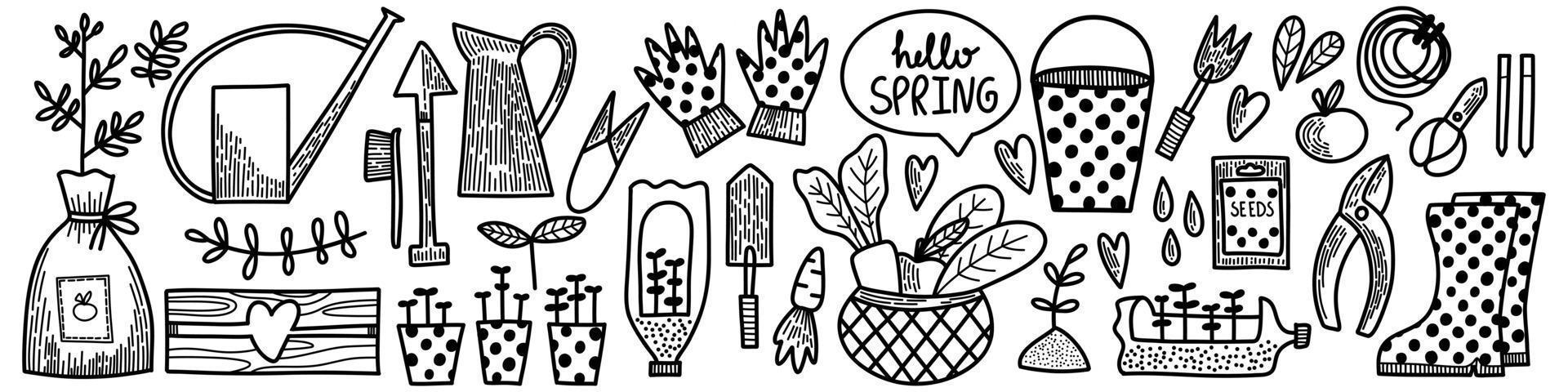 Vector set of elements. Spring summer gardening collection in doodle hand drawn style. Equipment for Growing plants watering can, boots, seeds, gloves, vegetables, sedlings. Nature, garden