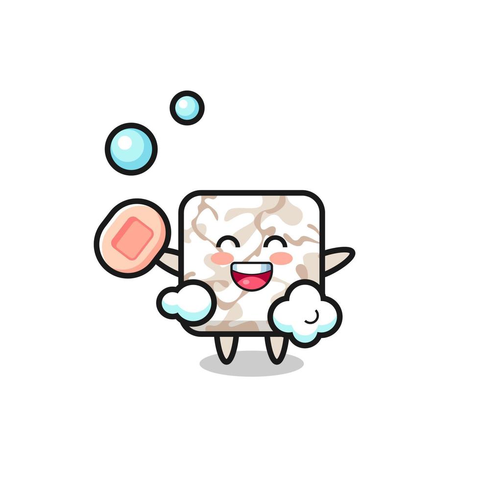 ceramic tile character is bathing while holding soap vector