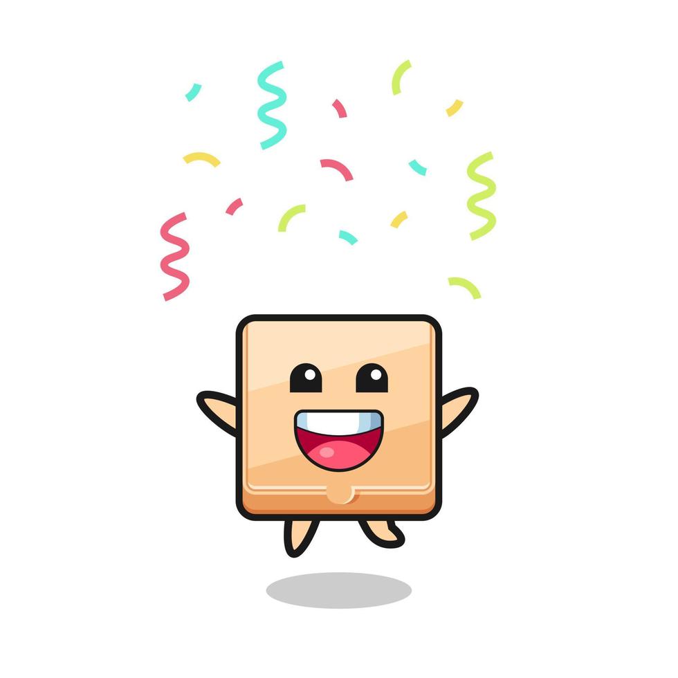 happy pizza box mascot jumping for congratulation with colour confetti vector