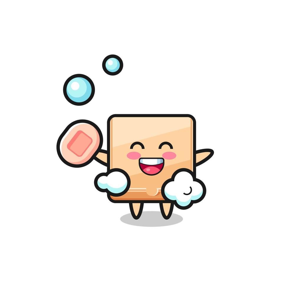pizza box character is bathing while holding soap vector