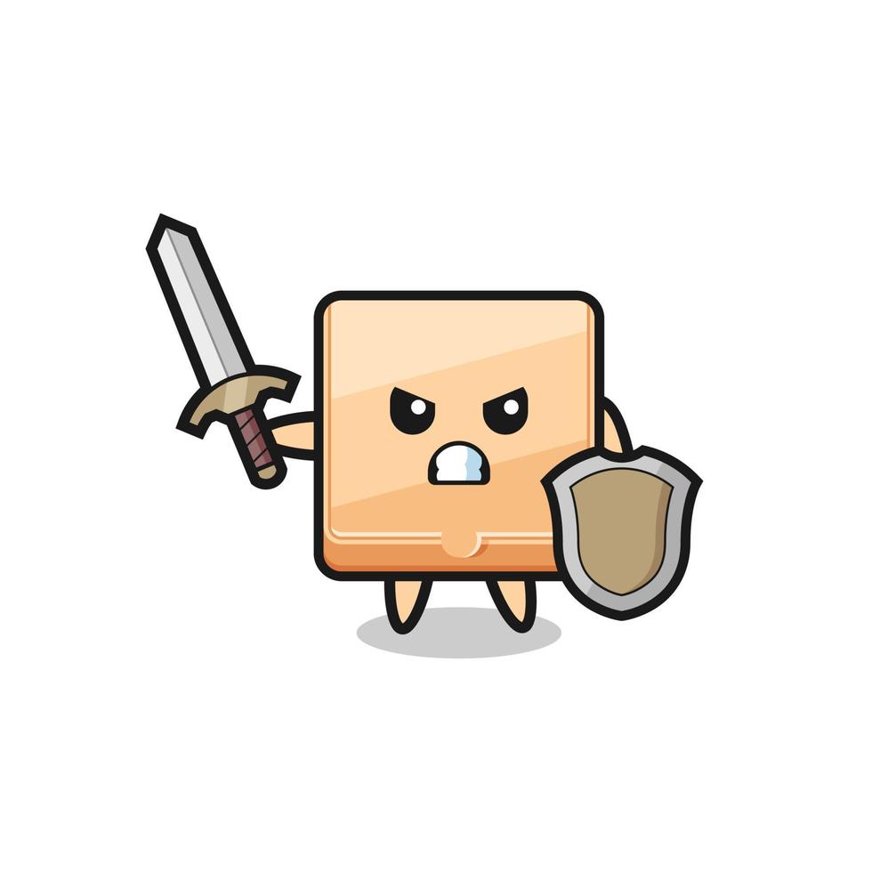 cute pizza box soldier fighting with sword and shield vector