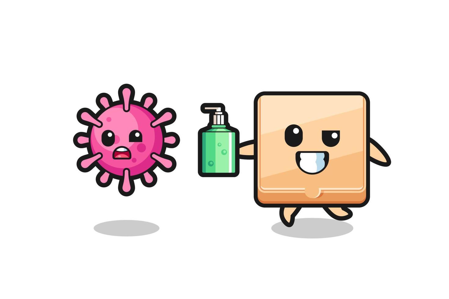 illustration of pizza box character chasing evil virus with hand sanitizer vector