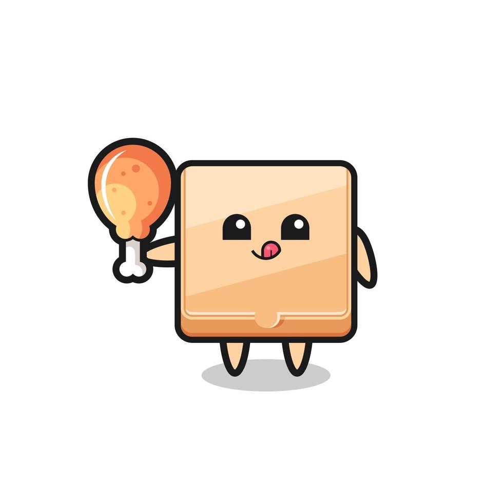pizza box cute mascot is eating a fried chicken vector