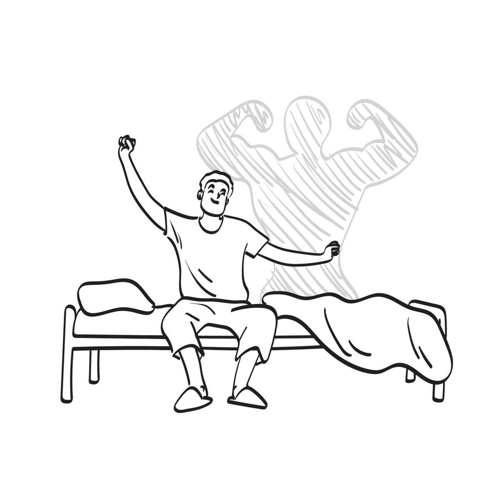 line art man waking up from sleep and stretching seated on his bed with shadow of muscle man behind illustration vector hand drawn isolated on white background