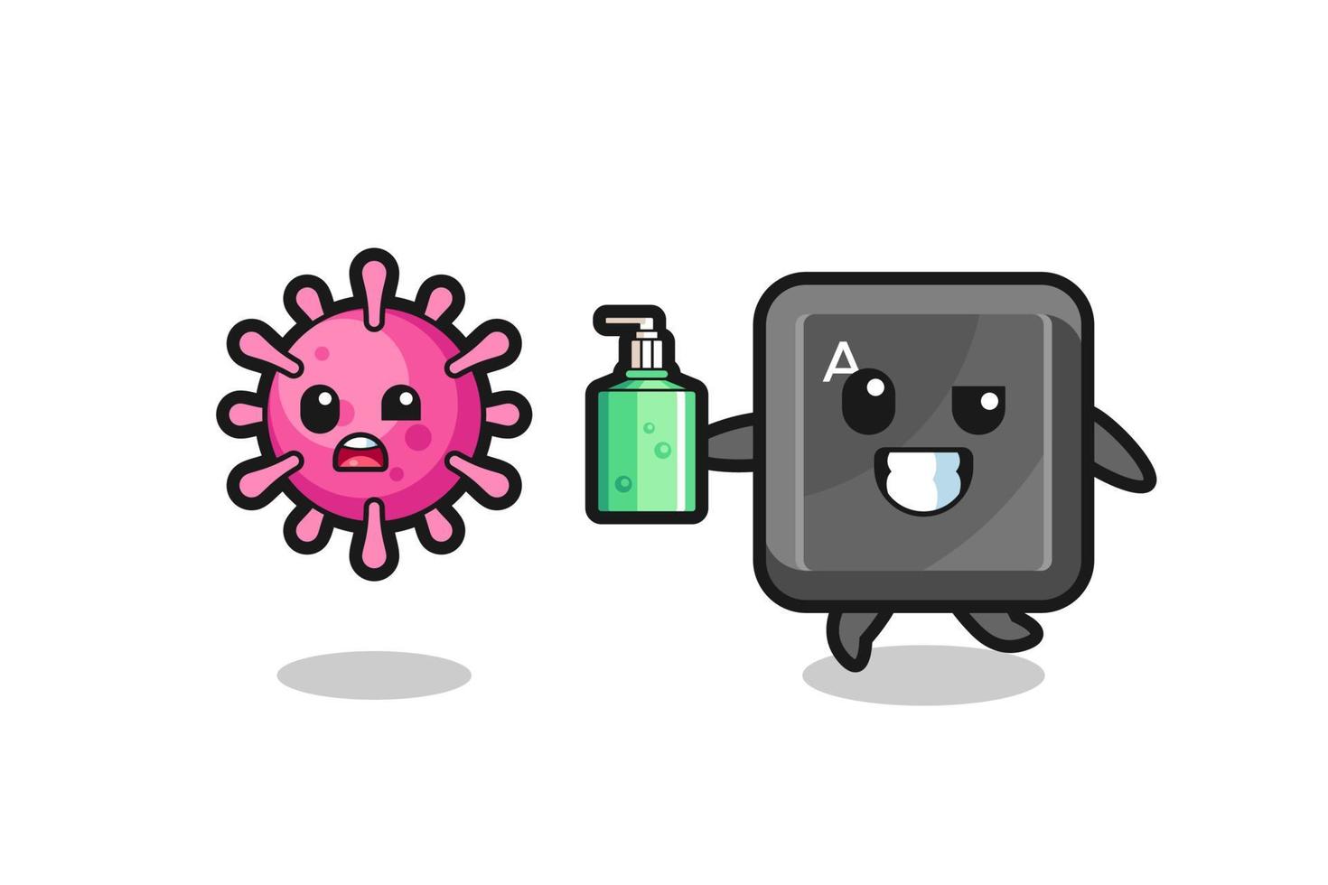 ilustración del personaje del botón del teclado persiguiendo virus malvados con desinfectante de manos vector