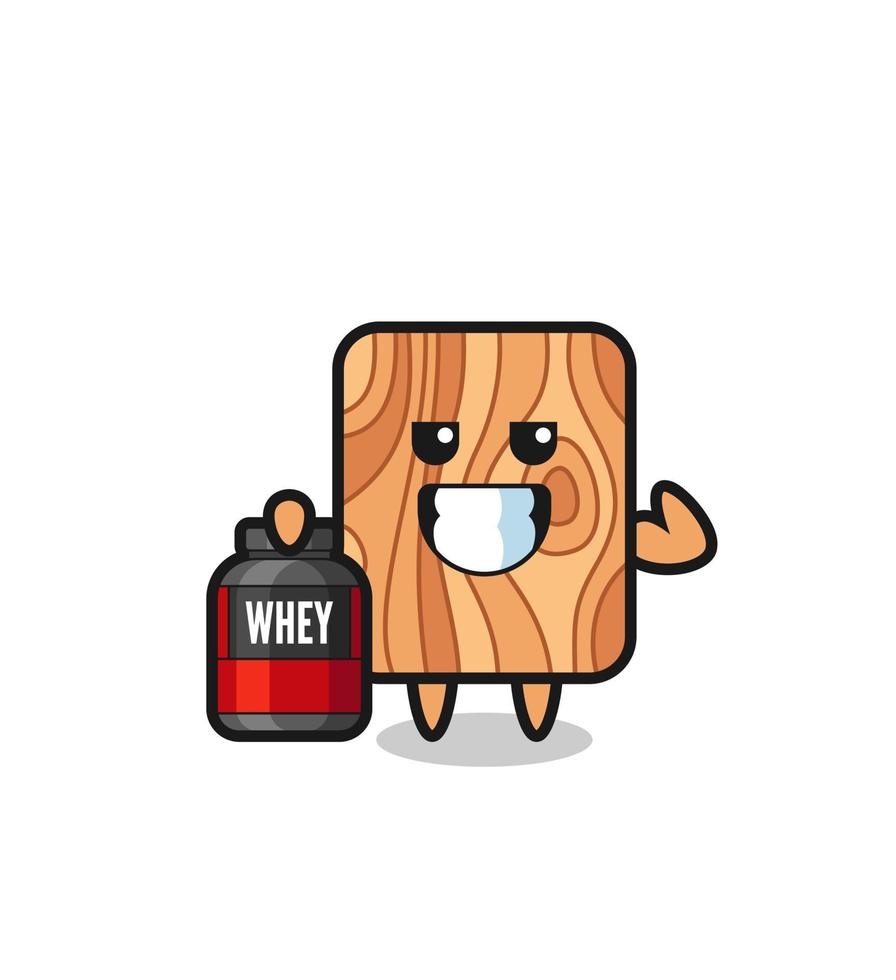 the muscular plank wood character is holding a protein supplement vector