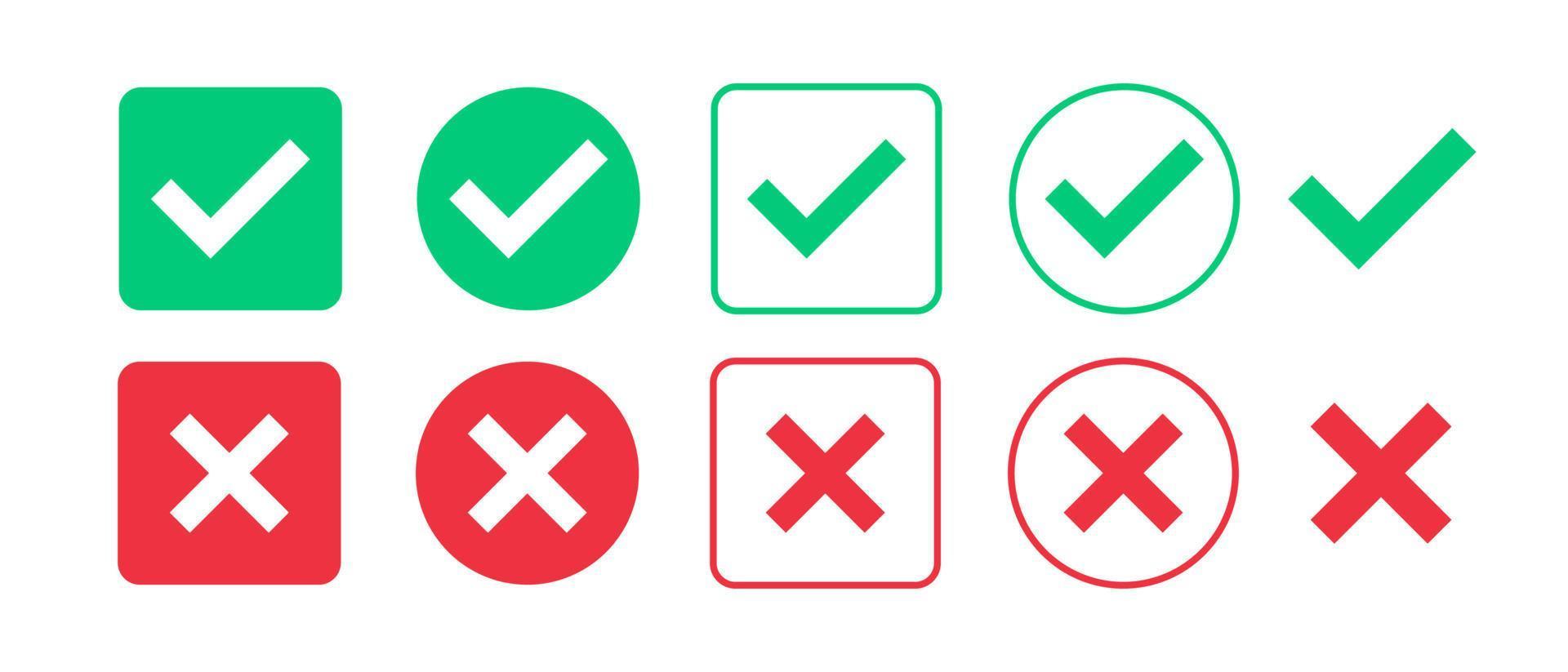 Green check mark and red cross mark icon set. Isolated tick symbols. Checklist signs. Approval badge. Flat and modern checkmark design. Vector illustration