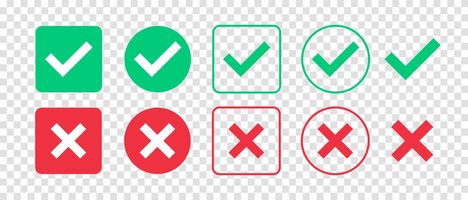 Green check mark and red cross mark icon set. Isolated tick symbols. Checklist signs. Approval badge. Flat and modern checkmark design. Vector illustration