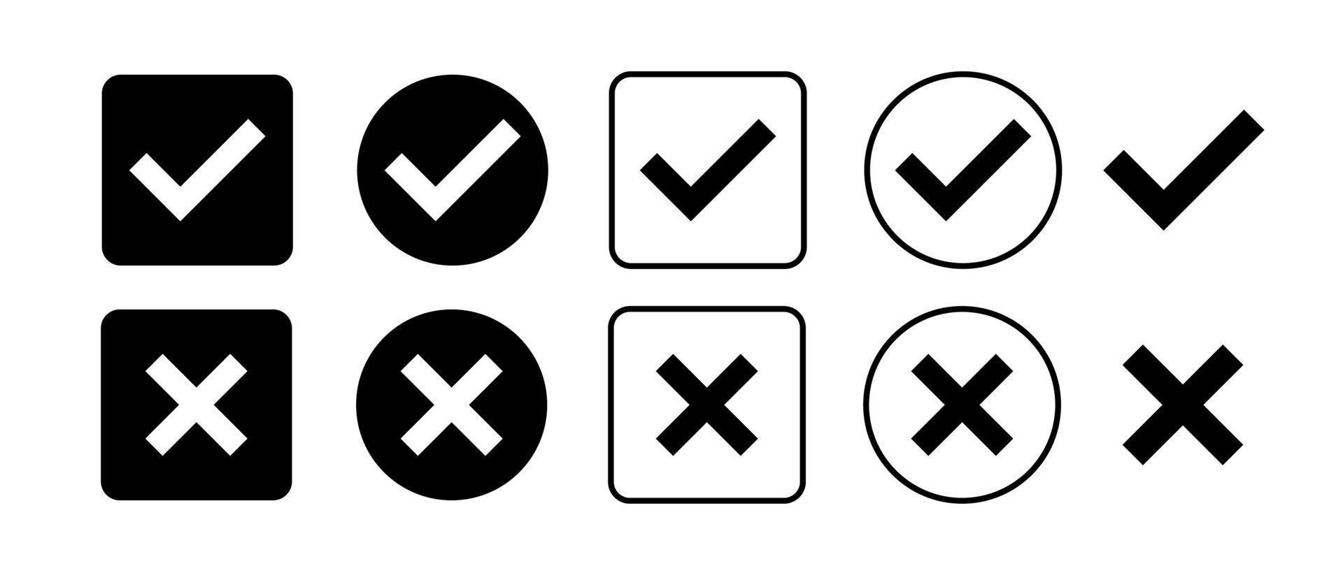 Check mark and Cross mark black icon set. Isolated tick symbols. Checklist signs. Right and wrong sign concept. Flat and modern checkmark design. Vector illustration