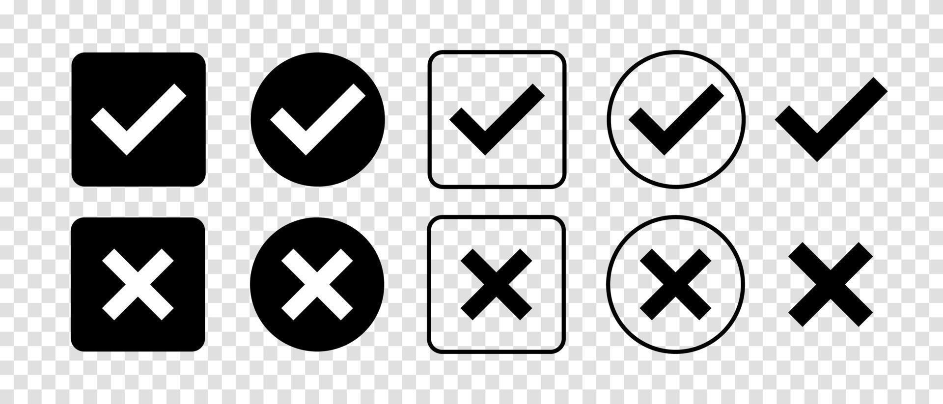 Check mark and Cross mark black icon set. Isolated tick symbols. Checklist signs. Right and wrong sign concept. Flat and modern checkmark design. Vector illustration