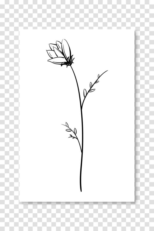 Botanical drawing. Minimal plant logo, leaf and blooming flower abstract sketch element. Vector hand drawn wedding invitation decoration. Vector illustration