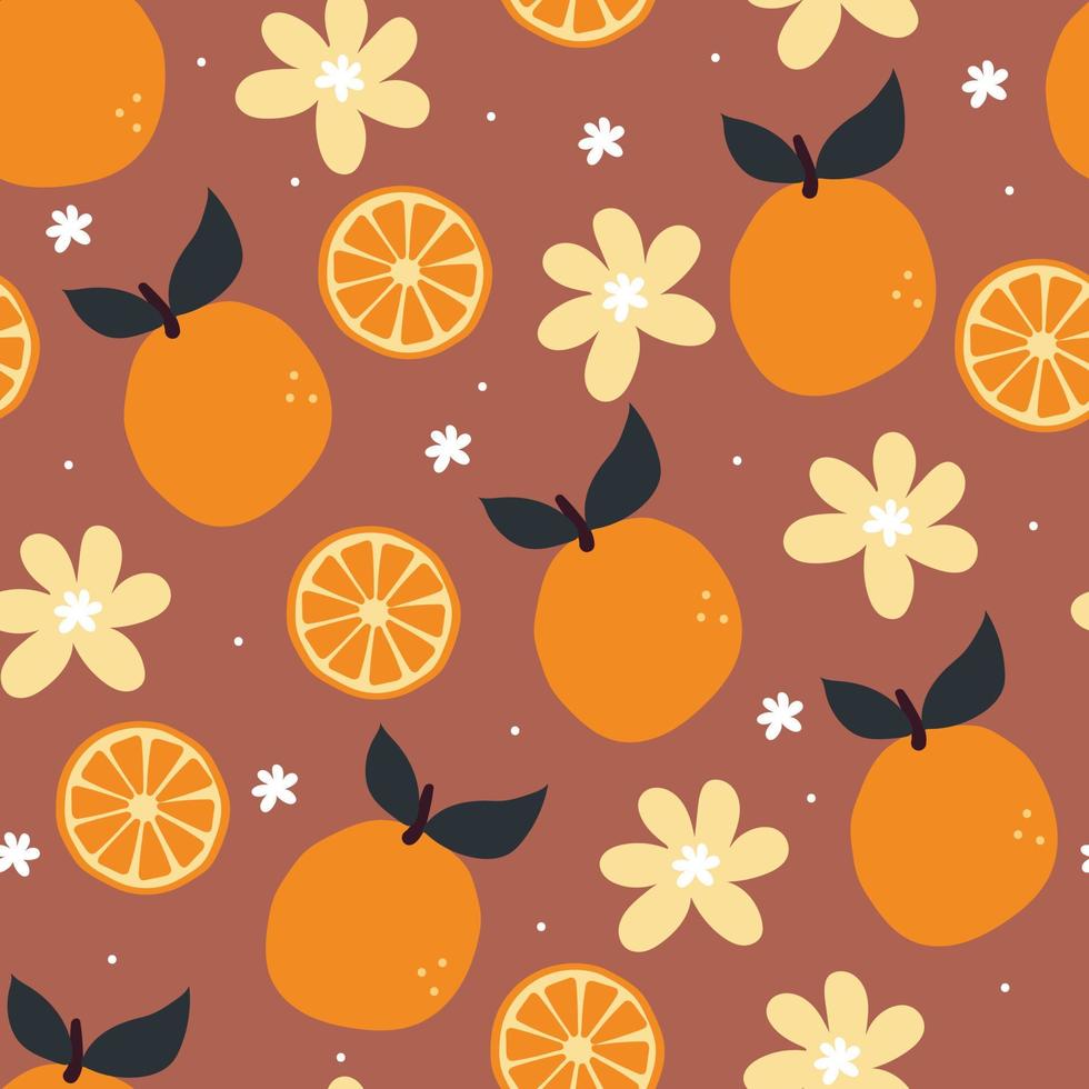 dibujo a mano de patrones sin fisuras dibujos animados naranja y flor. dibujo de frutas vector