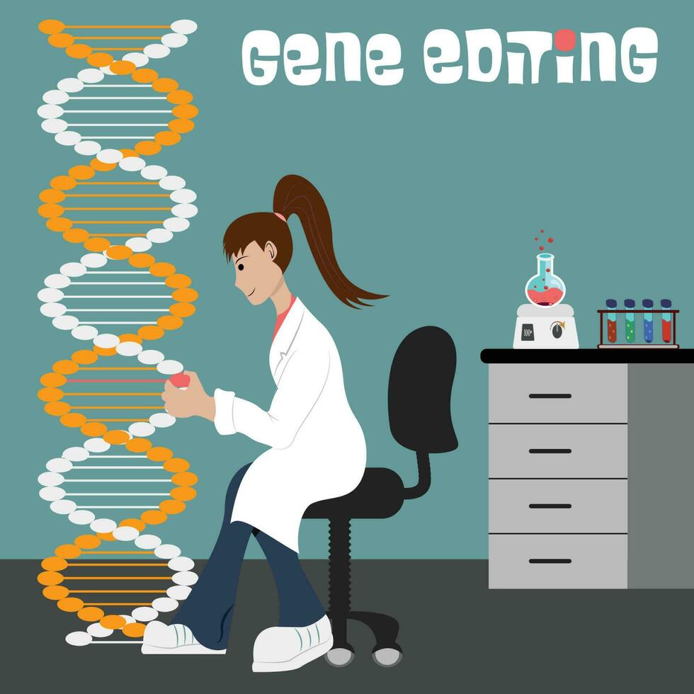Female scientist editing DNA strand vector