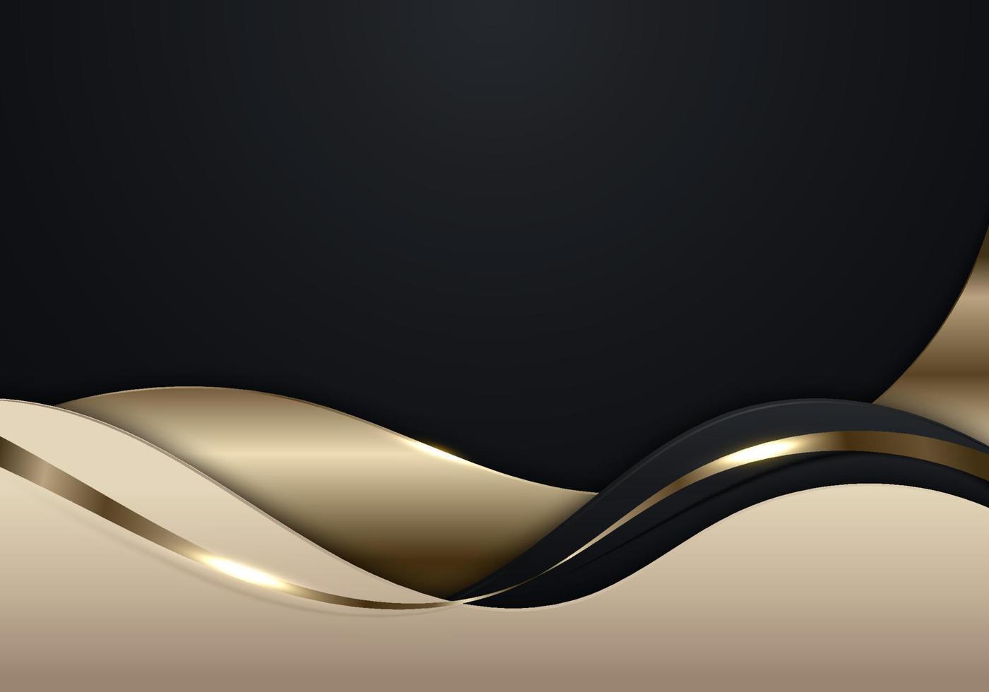 Elegant 3D abstract background golden wave shape with gold ribbon lines on black background vector