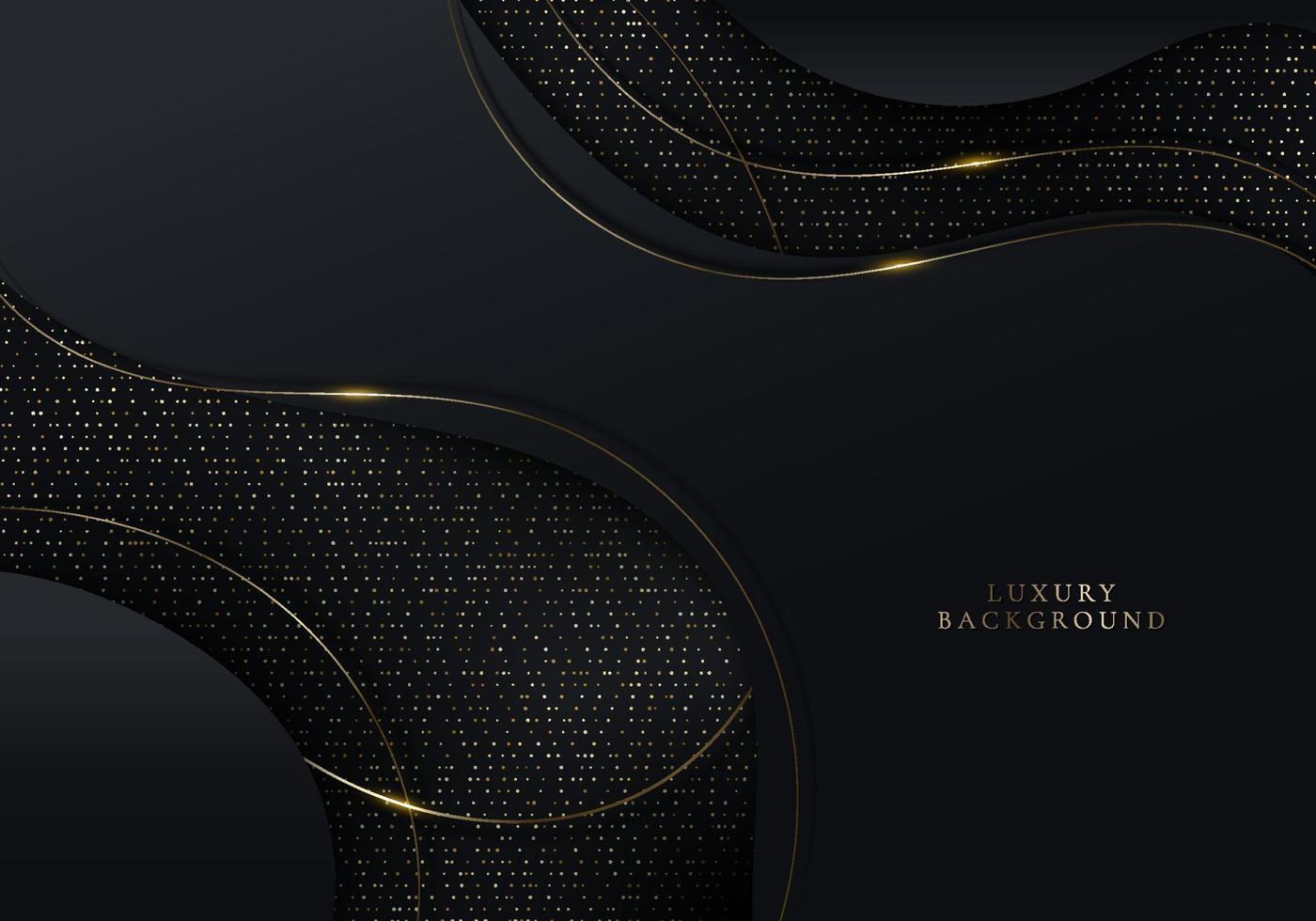 Abstract modern luxury black gold wave lines threads with lighting effect and golden glitter on black background vector