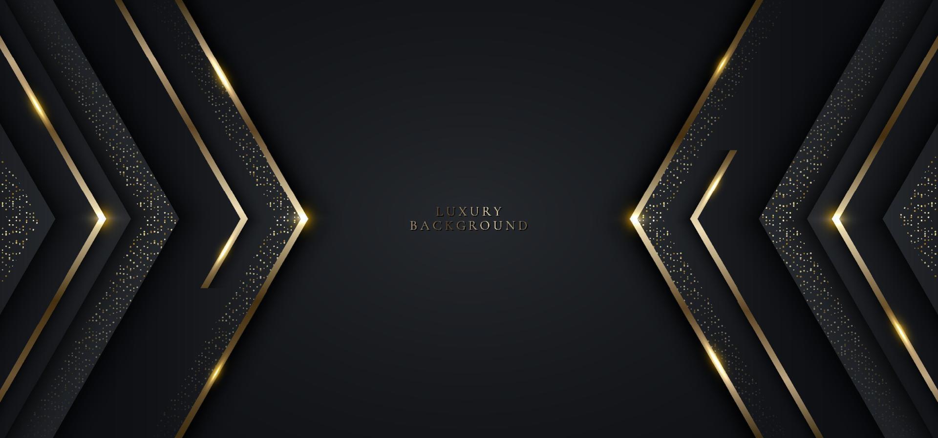 Modern luxury banner template design black triangles and golden glitter 3D gold stripes line light sparking on dark background vector