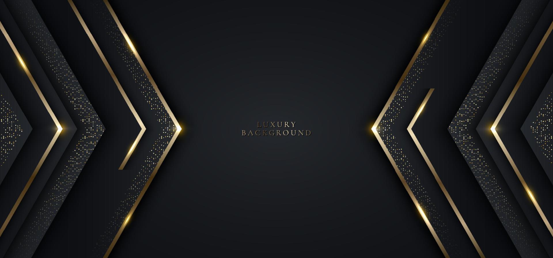 Modern luxury banner template design black triangles and golden glitter 3D gold stripes line light sparking on dark background vector