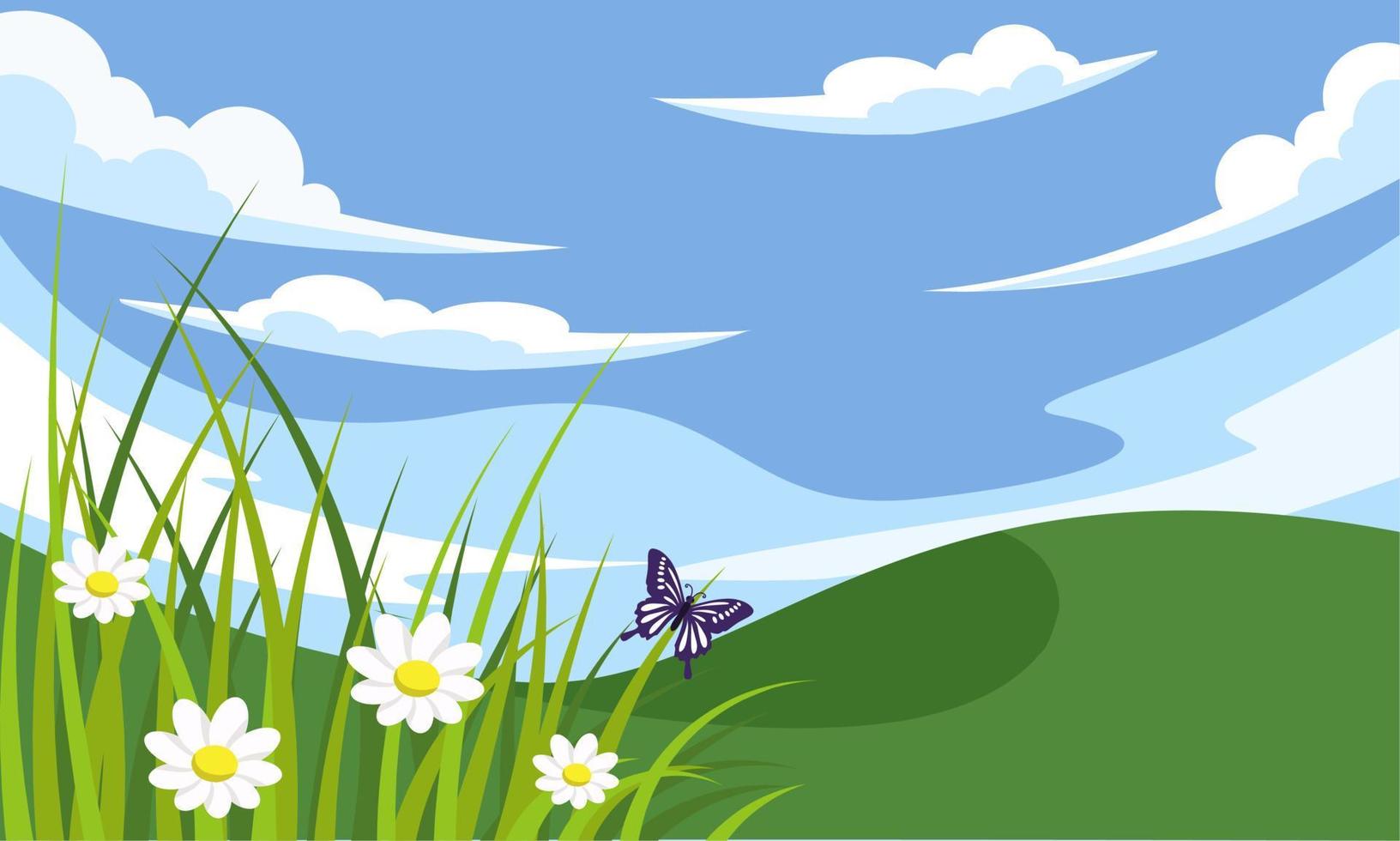 Spring background, landscape with flowers, grass, butterflies and blue sky. vector illustration.