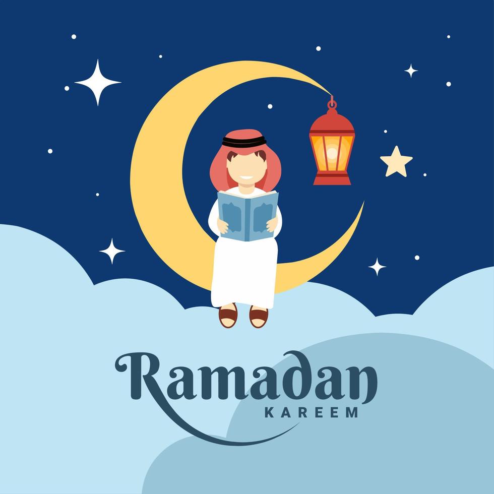 Ramadan Kareem and Eid Greeting Cards. cute boy reading quran on crescent moon, with Moroccan lantern, stars and clouds. vector illustration.