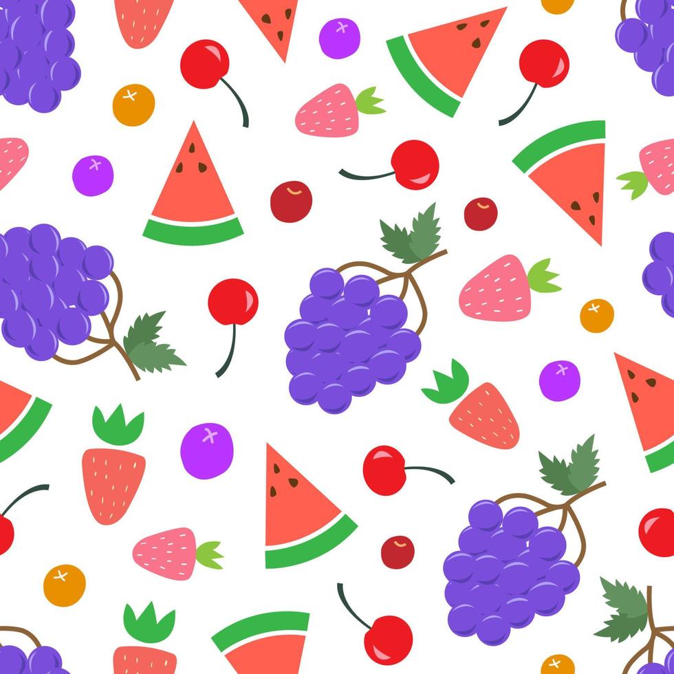 Juicy fruit print. Seamless pattern of grapes, cherries, berries, strawberries, watermelon vector