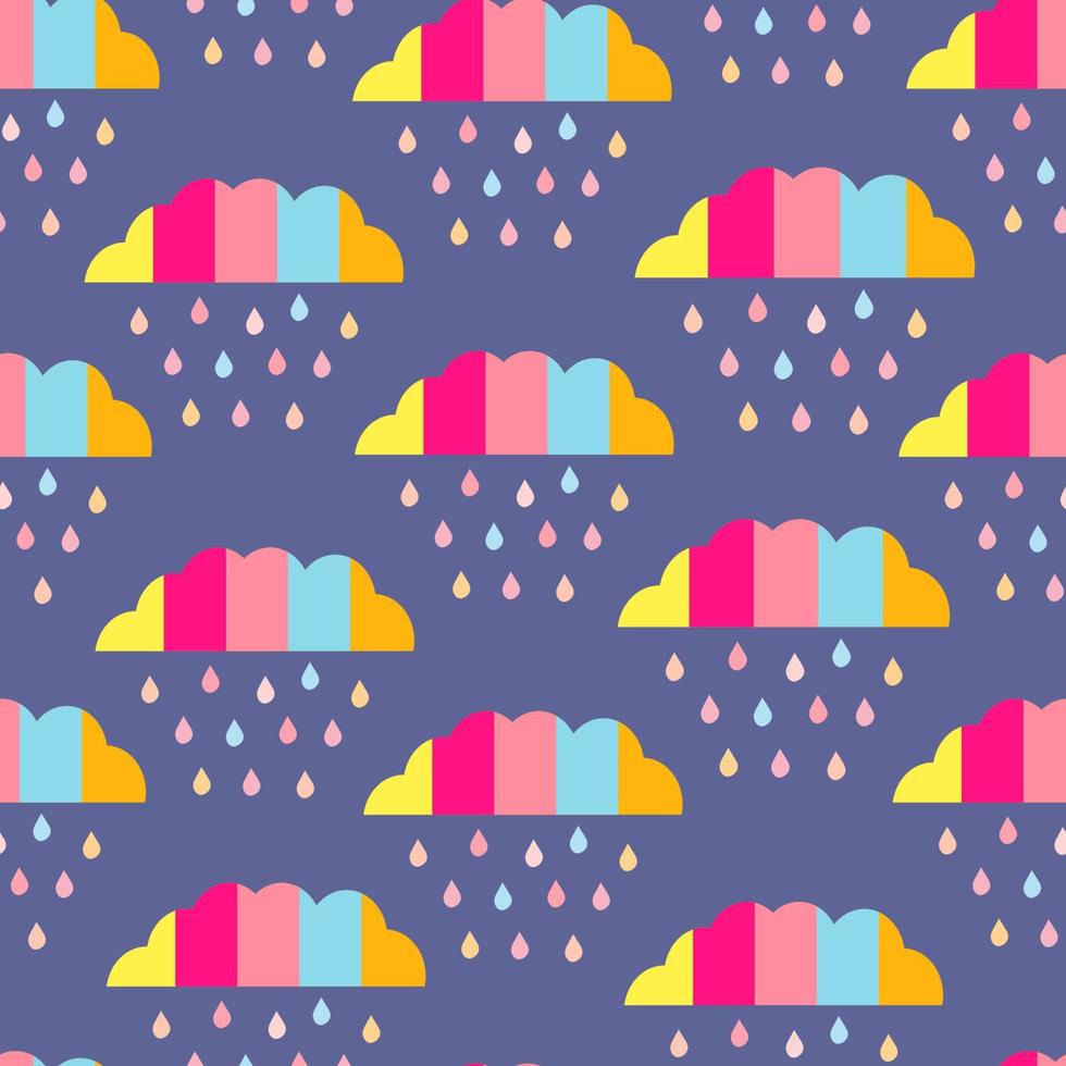 Rainbow seamless pattern. Print rainbow clouds for kids design. Multicolored clouds in naive Scandinavian style for decoration, packaging, fabric, background vector