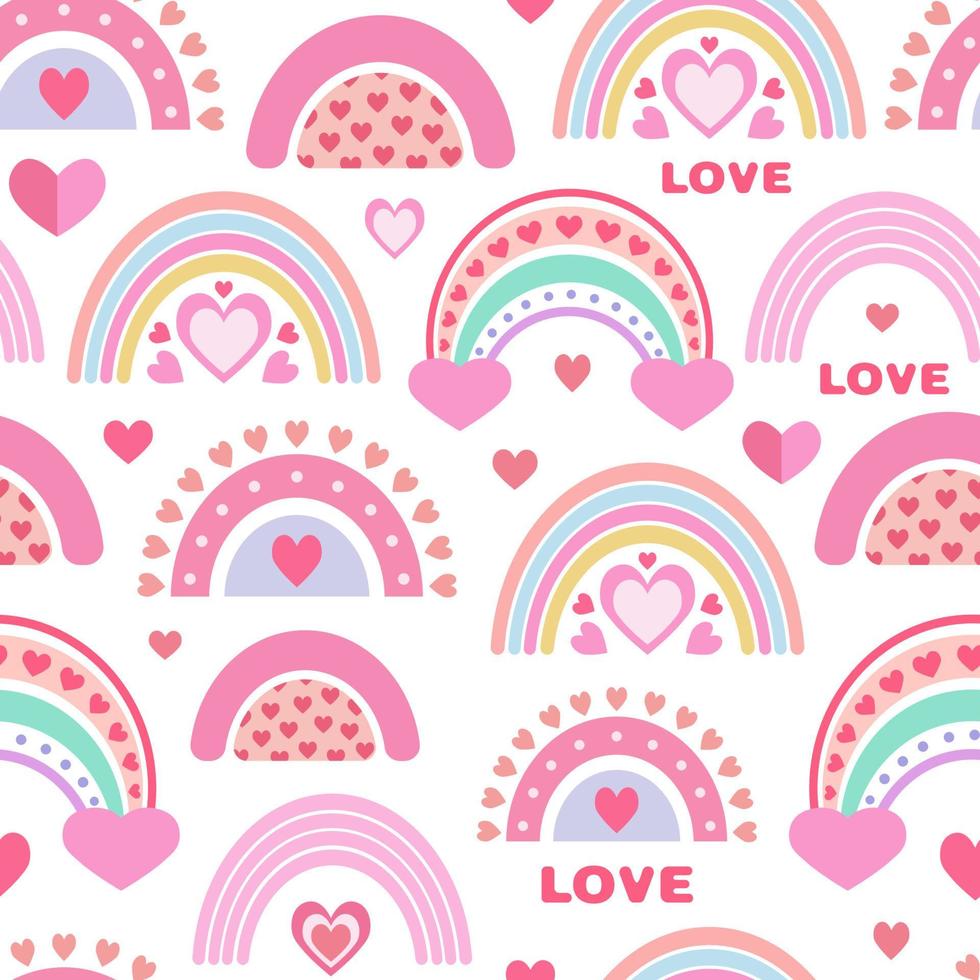 Seamless pattern from rainbows. Pink rainbows and hearts. Bright print for fabric, packaging, digital paper vector