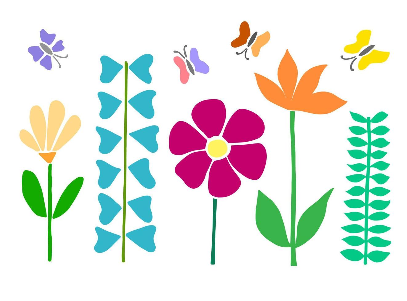 colorida ilustración de flores y mariposas. dibujado a mano en un estilo moderno y sencillo vector