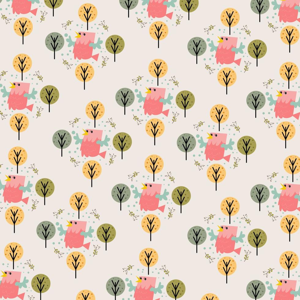 Cute big bird pattern background with small trees around. Perfect for wallpapers, web page backgrounds, surface textures, textiles. vector