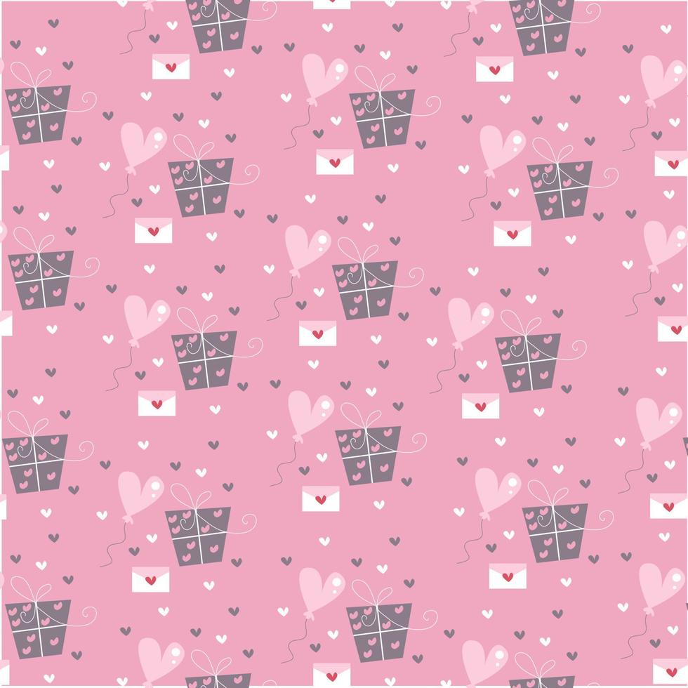 patrón romántico y delicado con cajas de regalo y globos en forma de corazón, cartas de amor, ramitas, dulces, corazones. fondo de ilustración vectorial en colores rosa, gris y blanco vector