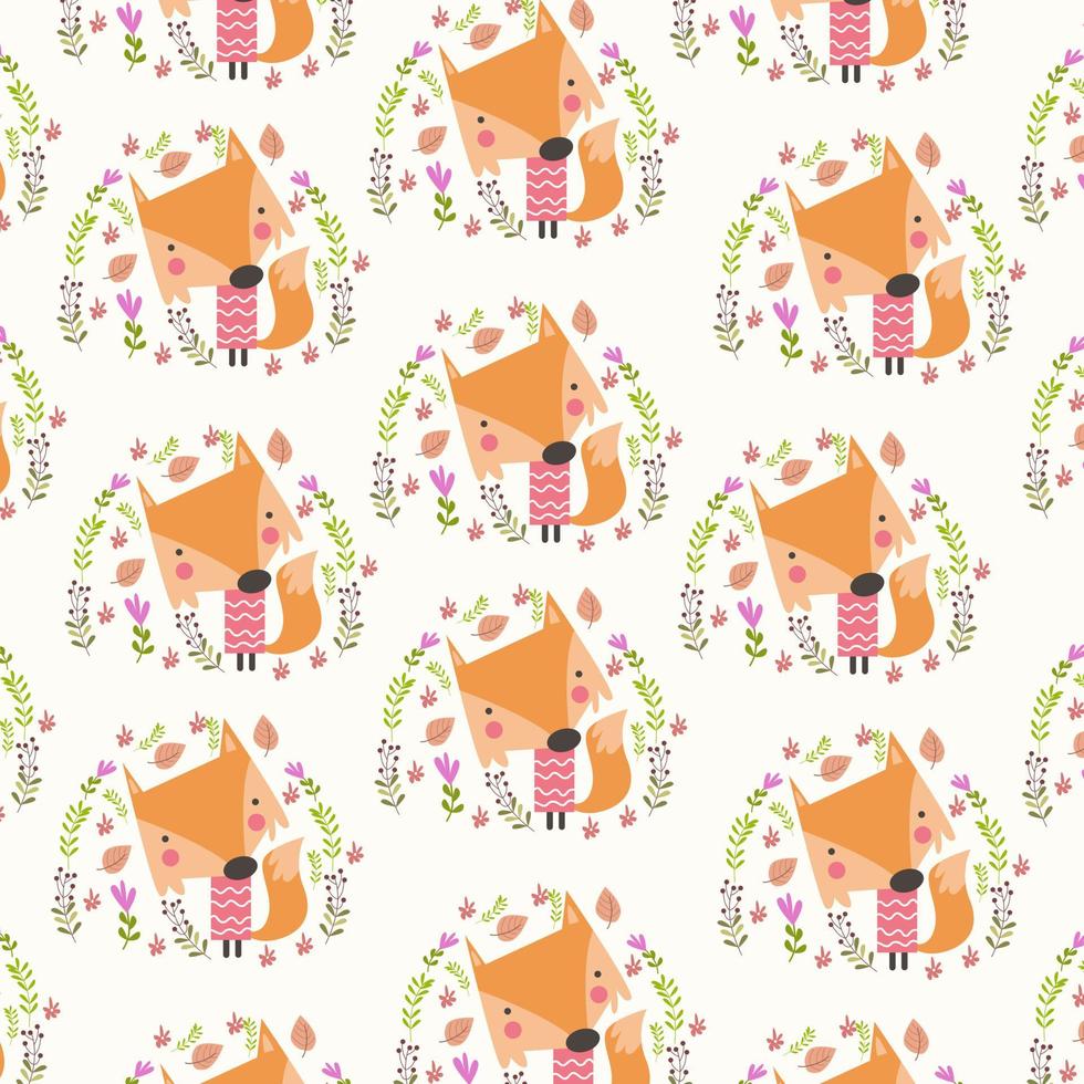 cute fox pattern with leaves and flowers . Awesome background in bright colors in vector