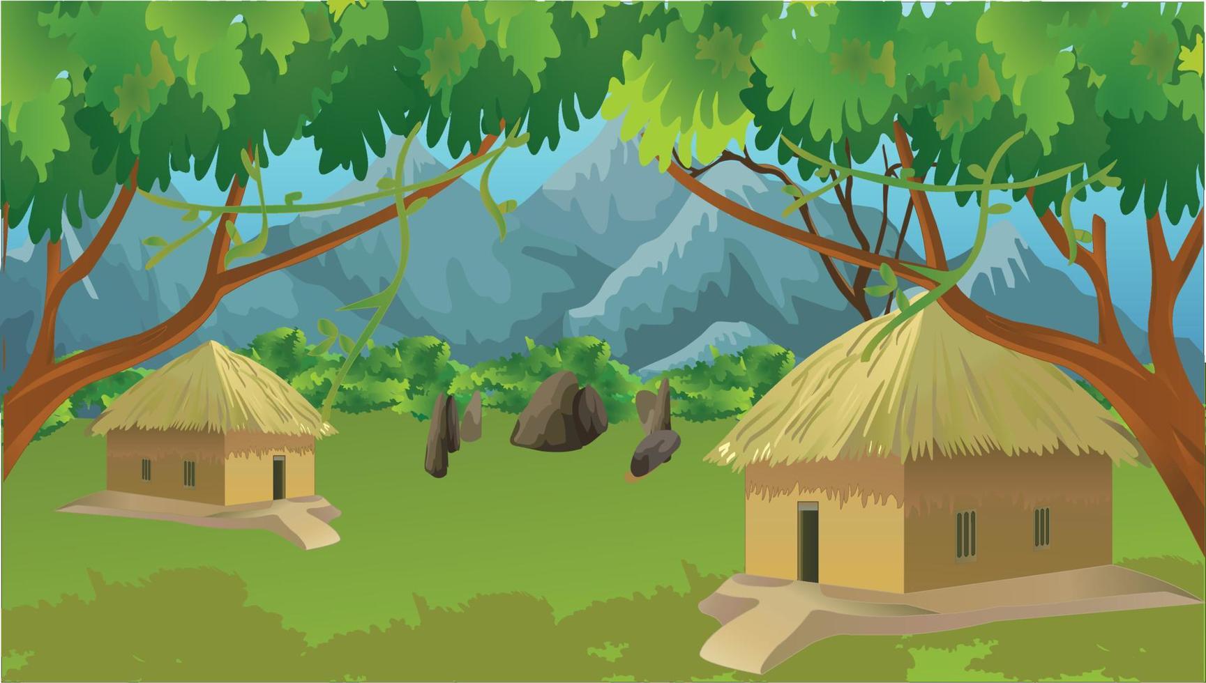 Village House in the forest. Cottage among trees and mountains. Cartoon vector illustration.
