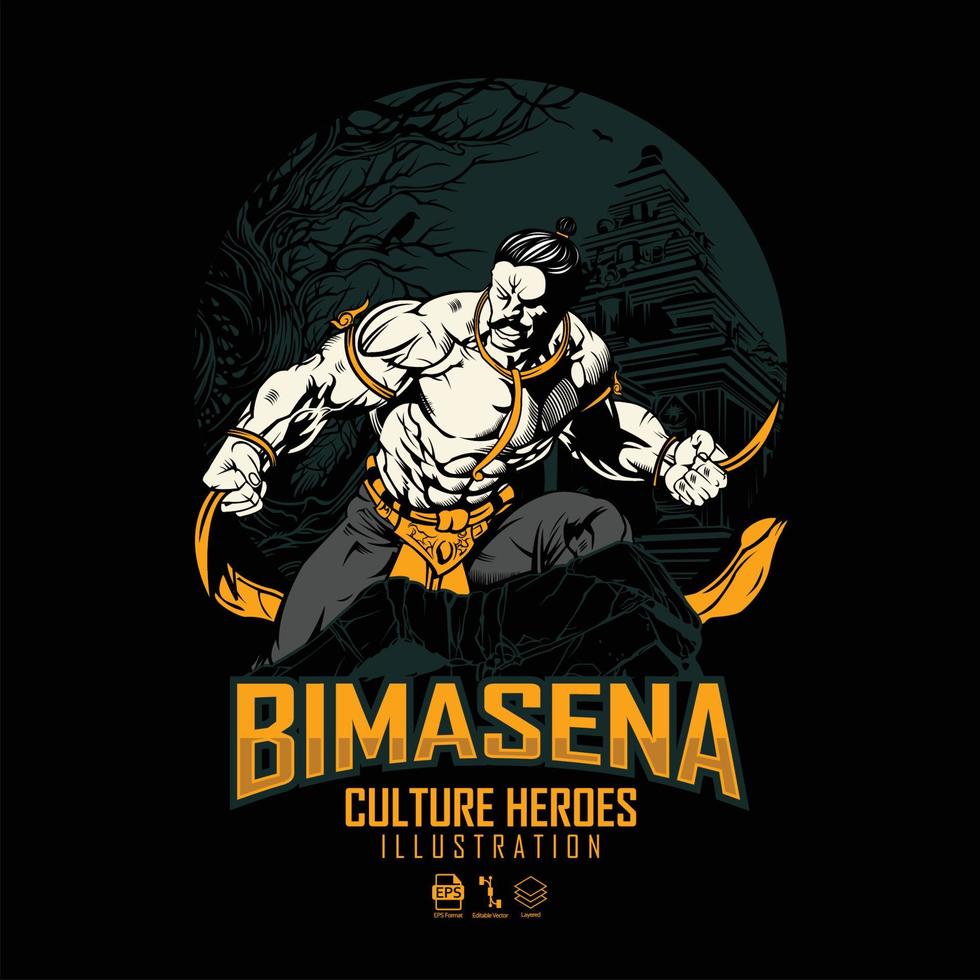 BIMASENA CULTURE HEROES ILLUSTRATION, WITH A BLACK BACKGROUND.eps vector