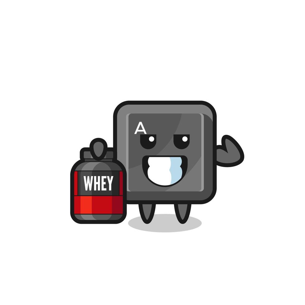 the muscular keyboard button character is holding a protein supplement vector