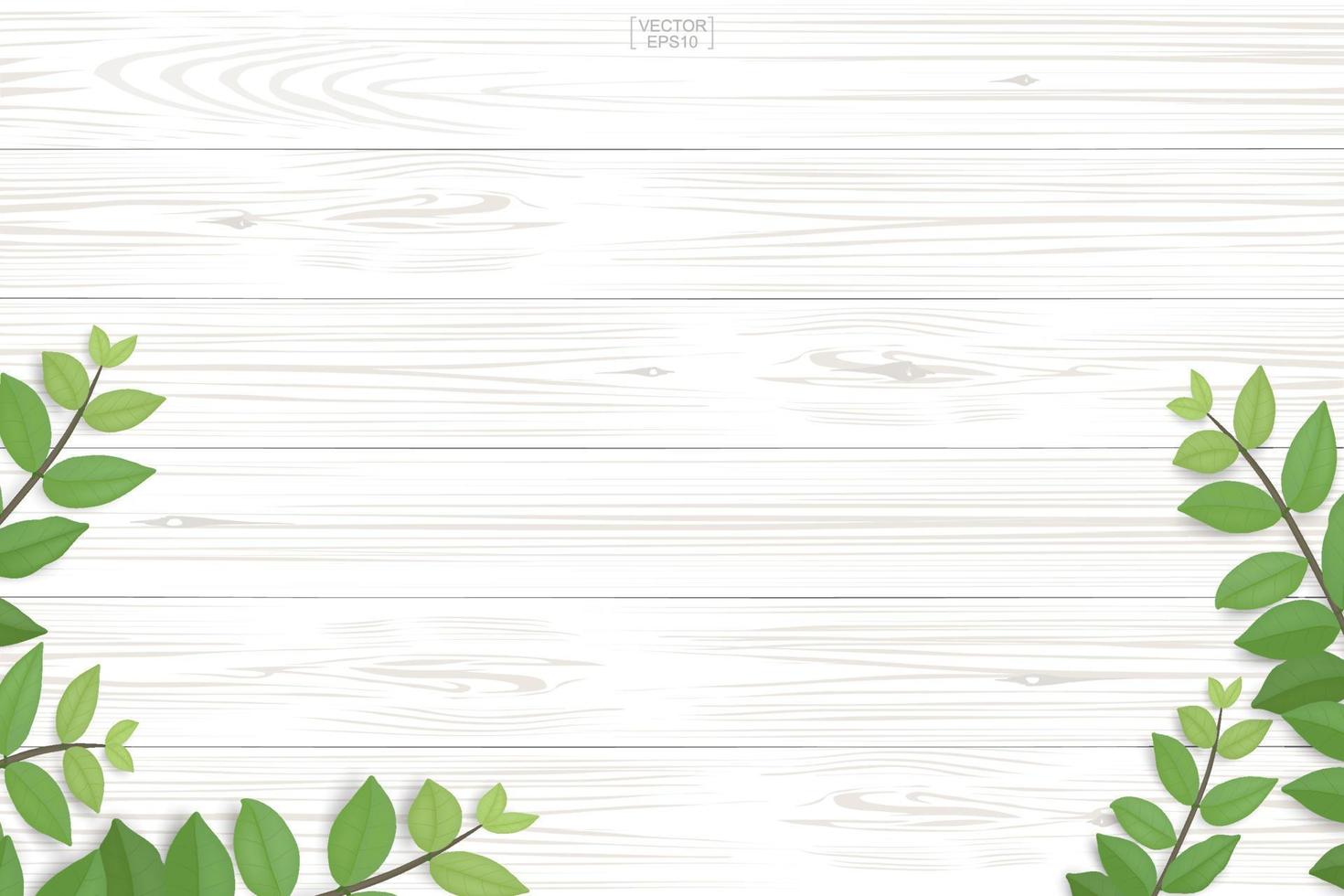 Wood texture background with green leaves. Vector illustration.