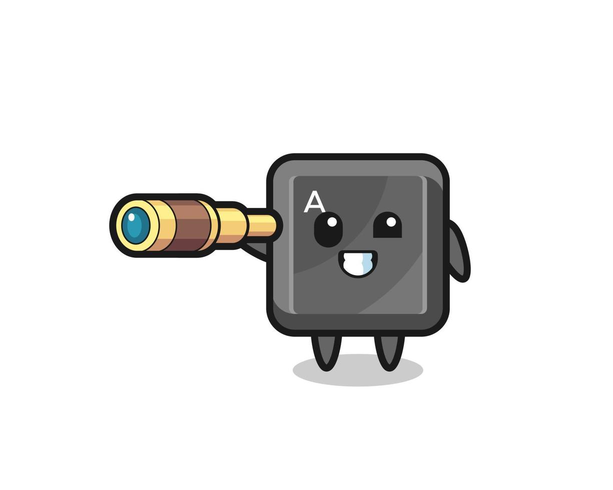 cute keyboard button character is holding an old telescope vector